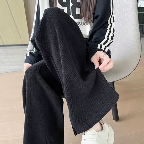 黑色灯芯绒阔腿裤女秋冬款高腰宽松显瘦垂感直筒雪尼尔开叉休闲裤图片