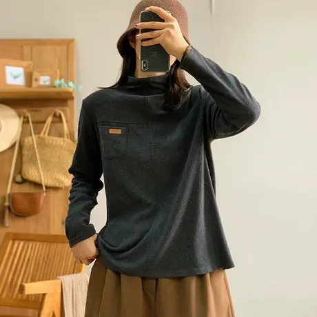 dza 复古半高领拼接长袖T恤女秋冬洋气双面绒内搭上衣宽松打底衫图片