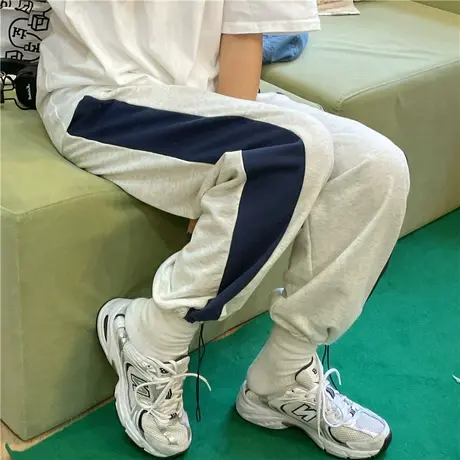 红续港风ins春秋新款韩版撞色百搭宽松运动休闲松紧腰长裤女盐系商品大图