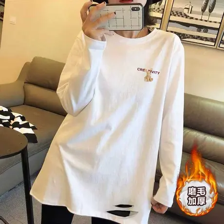 2022秋冬白色宽松长袖t恤女士纯棉打底衫韩版中长款磨毛加厚上衣图片