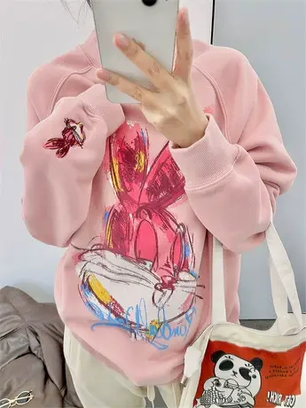 卫衣女秋冬2023新款韩版加绒加厚重工刺绣兔子印花半高领套头上衣商品大图