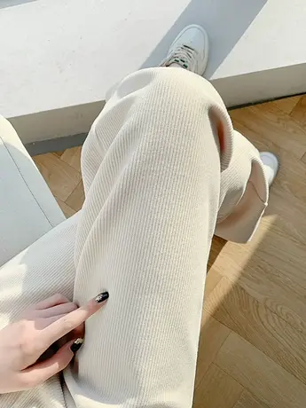 白色针织阔腿裤女秋冬2023年新款灯芯绒裤子垂感拖地直筒休闲女裤商品大图