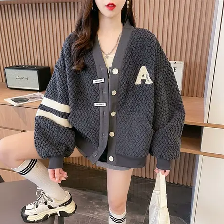 羊羔毛外套女秋冬季韩版宽松加绒加厚大码保暖毛茸茸夹克开衫卫衣商品大图