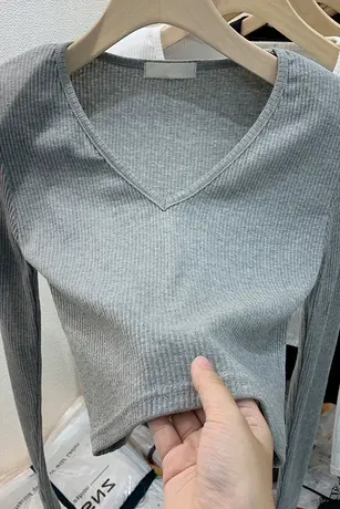 V领长袖t恤女春秋韩版修身显瘦百搭内搭打底衫短款高腰上衣潮ins商品大图