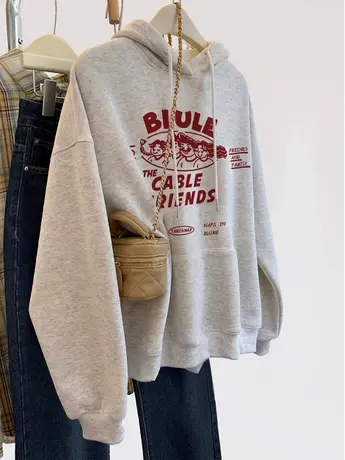 复古街头风卫衣女2023爆款加绒连帽上衣ins大码秋冬韩版印花外套商品大图