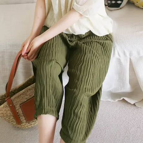 【买一送一】夏新品雪纺压皱七分裤加大码肌理感抖抖宽松休闲中裤商品大图