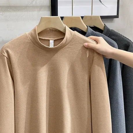 秋冬新款半高领条纹长袖T恤男潮流中领韩版修身德绒打底衫男卫衣商品大图