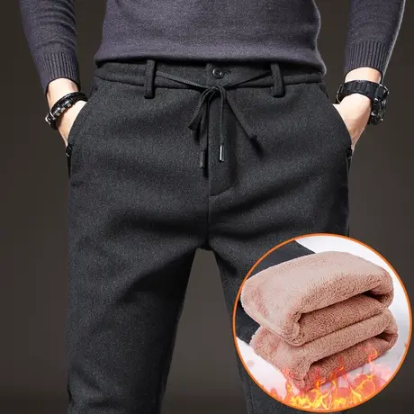 男裤秋冬裤子男士休闲长裤加绒加厚直筒宽松紧带绒裤保暖棉裤外穿商品大图