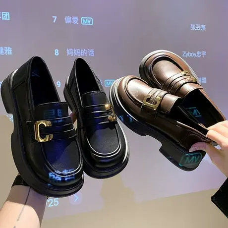 黑色小皮鞋女2023新款春秋英伦风厚底百搭一脚蹬气质jk乐福鞋单鞋商品大图