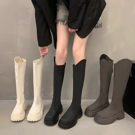 不规则长筒靴女秋季2024新款厚底瘦瘦不过膝长靴高筒马丁靴骑士靴图片