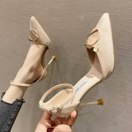 高跟鞋女细跟百搭气质2024年春季新款一字带法式尖头职业中空凉鞋商品大图