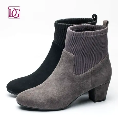 DG专柜同款秋冬新品女靴子真皮圆头粗跟短靴羊猄高跟欧美女靴商品大图