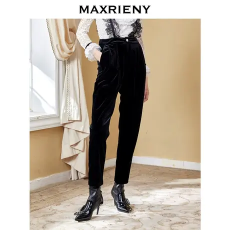 MAXRIENY复古丝绒休闲裤秋季背带九分裤设计感高腰直筒裤气质商品大图