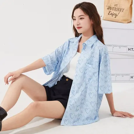 夏爱心满身印短袖衬衫女宽松甜美衬衣外套港风潮酷开衫超好看上衣商品大图