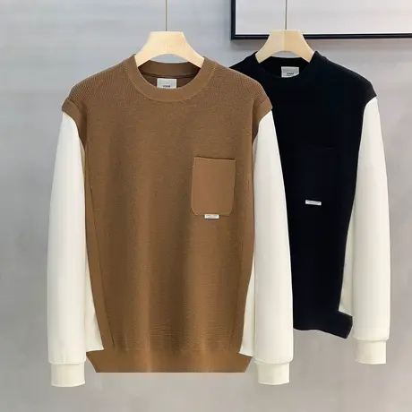 美式休闲假两件毛衣男冬季宽松针织衫潮流撞色拼接加厚毛线衫外套商品大图