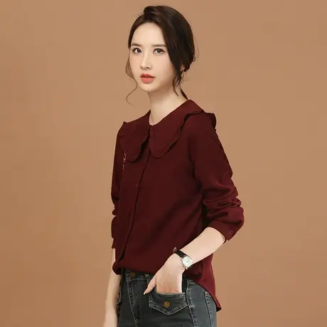 韩潮袭人娃娃领长袖衬衣女士2024春新款宽松百搭红色衬衫设计感图片