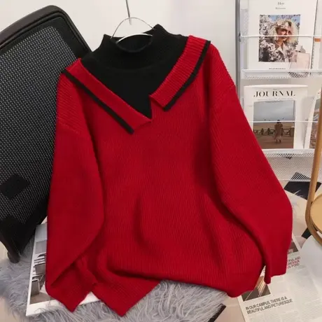 假两件红色女毛衣加厚针织衫2023年新款韩版宽松气质超好看女内搭商品大图