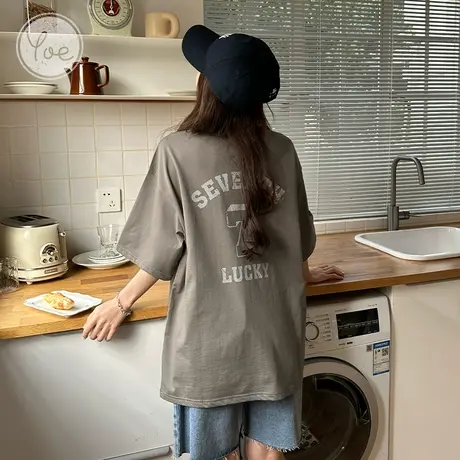 yoe23潮牌纯棉短袖t恤女小个子oversize美式复古小众休闲上衣女装商品大图
