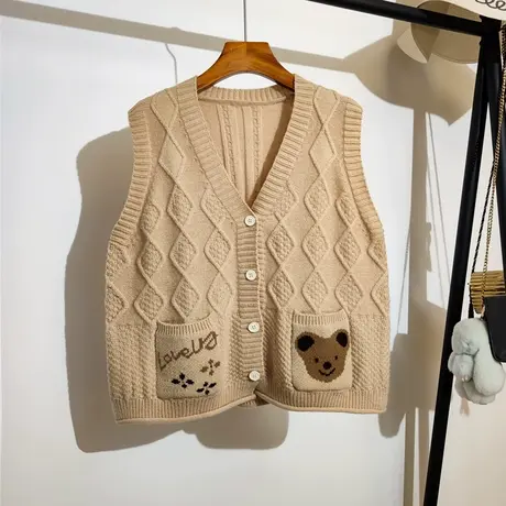 小熊刺绣针织马甲女秋冬新款宽松v领学院风无袖坎肩毛衣背心外穿商品大图