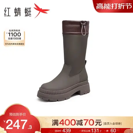 红蜻蜓靴子女秋冬新款复古长筒皮靴韩系户外防滑女靴厚底高筒靴图片