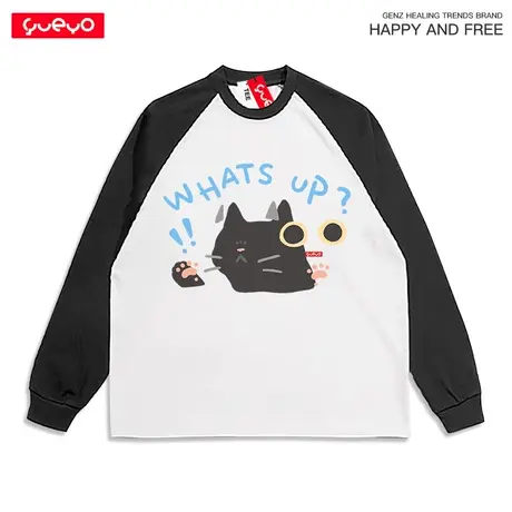 悦游 what's up 猫咪惊吓重磅日系拼色插肩长袖T恤男原创卡通纯棉图片