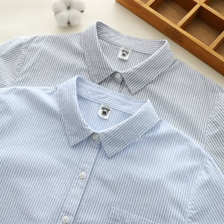 春秋季文艺小清新竖条纹宽松纯棉牛津纺通勤衬衫女学生长袖打底衫商品大图