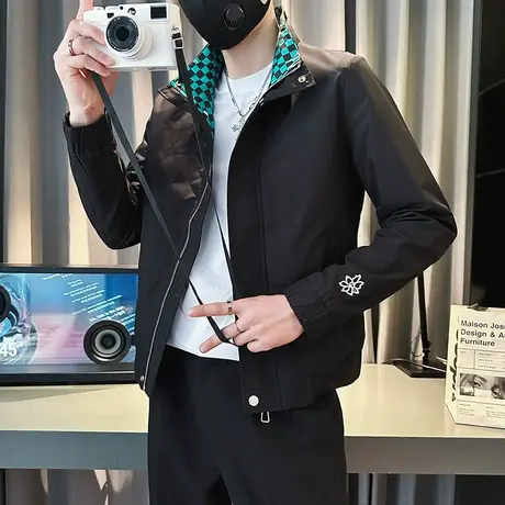 工装夹克男春季新款撞色格子立领上衣褂子ins设计感潮牌休闲外套商品大图