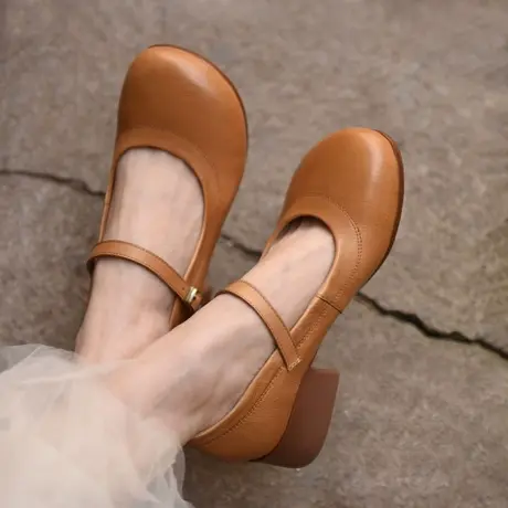 Artmu阿木原创一字扣浅口粗跟单鞋女2025新款真皮女鞋子舒适百搭商品大图