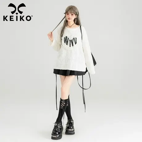 KEIKO 慵懒风磨烂白色长袖t恤女2024春夏设计感心型花边圆领上衣商品大图