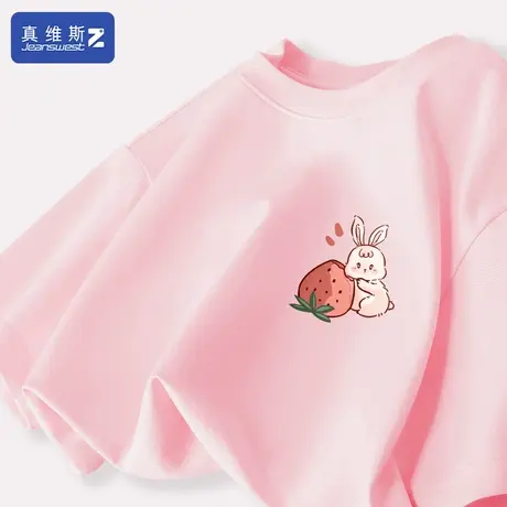 真维斯Z+正肩短袖女春夏2024新款粉色衣服宽松大码女胖mm体恤潮H图片