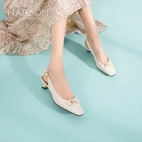 哈森夏季新款法式方头饰扣女凉鞋中跟高级感包头凉鞋HM226006商品大图
