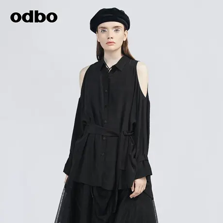 odbo/欧迪比欧时尚设计感小众露肩黑色衬衫女春季新款长袖上衣商品大图