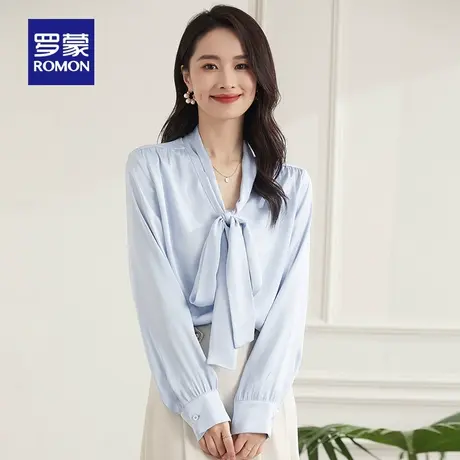 罗蒙女士气质优雅系带V领长袖衬衫2024春季新款通勤百搭甜美衬衣图片