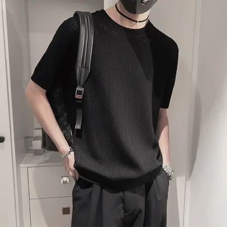 高级感纯色镂空薄款短袖T恤男ins针织半袖上衣夏季男装体恤半截袖商品大图