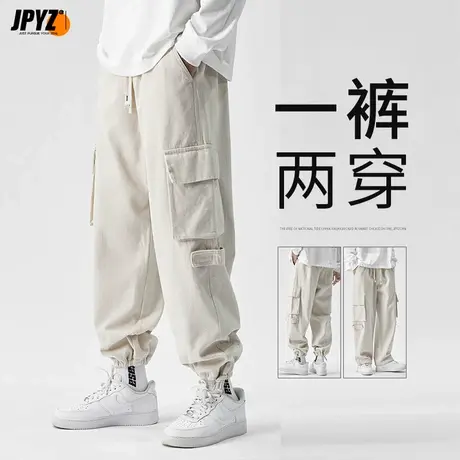 男士加绒休闲裤宽松卫裤子秋冬大码束脚美式多口袋白色工装裤潮牌商品大图