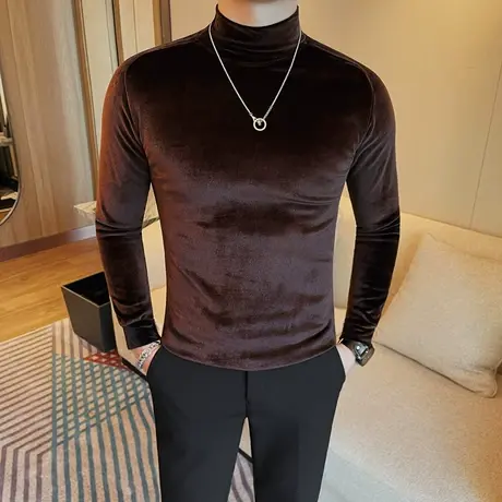 金丝绒半高领弹力修身内搭T恤男春季轻熟潮流轻奢高级长袖打底衫商品大图