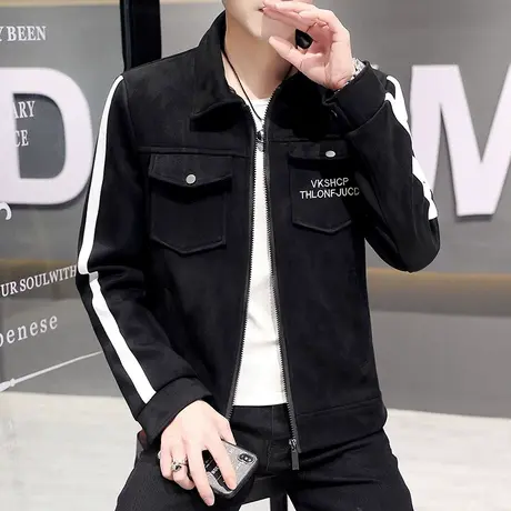 2024春秋季新款男士青年翻领潮牌麂皮绒夹克修身韩版休闲外套春装商品大图