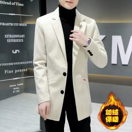 仿水貂绒大衣外套男士中长款冬季加绒加厚风衣潮流韩版毛呢子西装商品大图