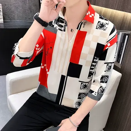 夏季新款短袖t恤男士日系韩版潮流polo花衬衫V领半袖冰丝衣服夏天图片