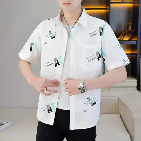 字母印花衬衫男短袖夏季棉感凉感半袖男寸衫青少年翻领免烫衬衣服商品大图