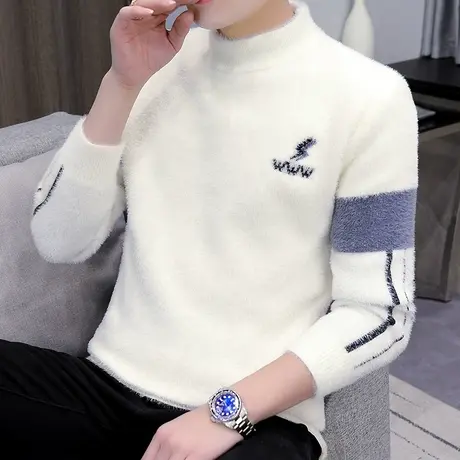 半高领水貂绒毛衣男士秋冬季羊绒衫加绒加厚打底衫保暖冬装上衣服商品大图