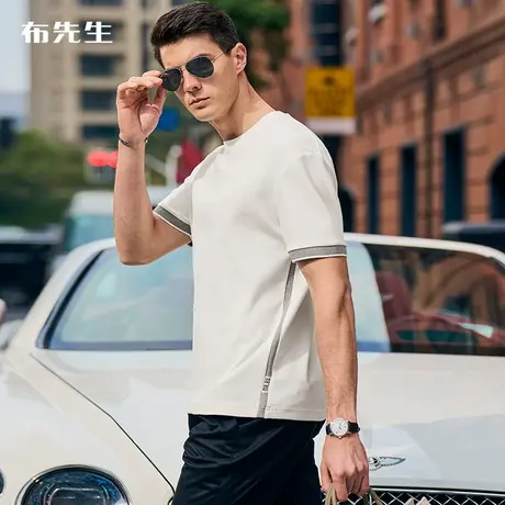 MrBu布先生微廓形双色提花纯棉t恤男2023春夏吸湿圆领短袖AT12028商品大图