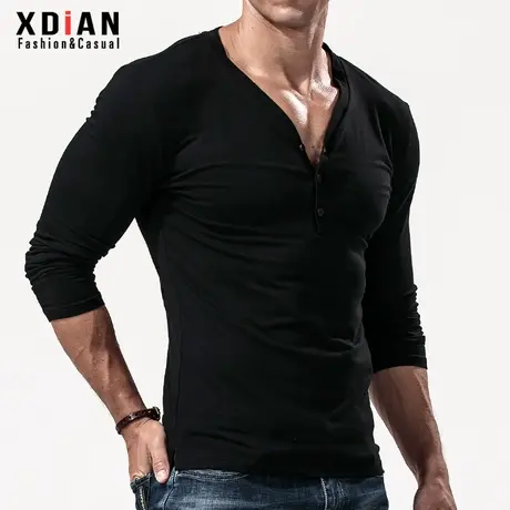 大V领t恤男长袖打底衫春秋季薄款纯棉紧身修身深V上衣内搭亨利衫商品大图