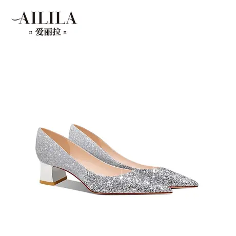 爱丽拉银色粗跟婚鞋女2023新款法式新娘婚纱大码水晶高跟鞋不累脚商品大图