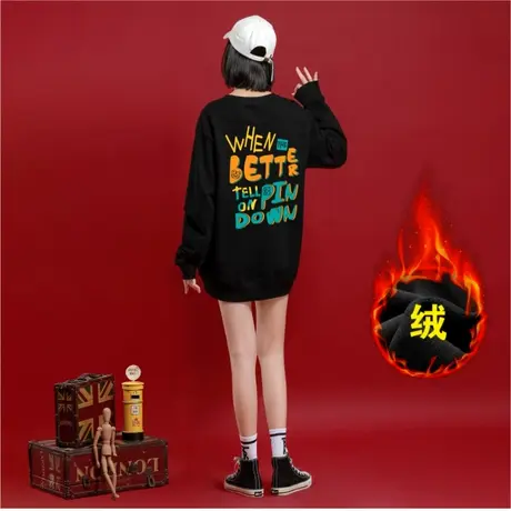 Ohlyah国潮牌中长款韩版加绒无帽卫衣女2023年秋冬慵懒风宽松上衣图片