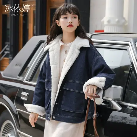 冬装加绒牛仔外套女宽松bf风韩版仿羊羔毛加厚棉衣短款学生棉服潮图片