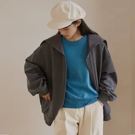 omont蛋挞家 复古连帽卫衣女秋冬设计感休闲宽松oversize上衣外套商品大图