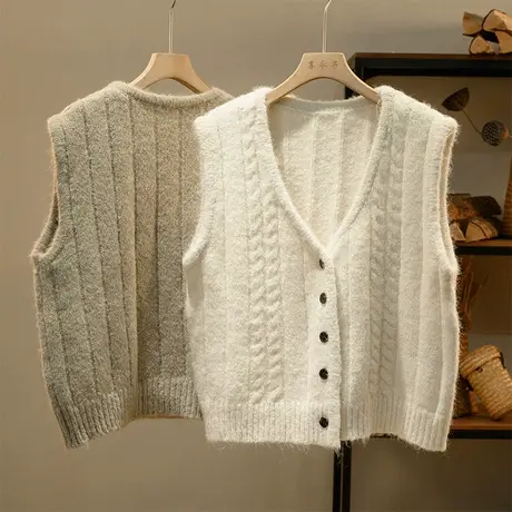 享永子绞花8%羊毛针织马甲女毛衣外搭宽松显瘦马夹背心2023新款秋商品大图