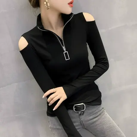 半高领打底衫女春秋性感露肩T恤女长袖修身百搭拉链上衣洋气小衫商品大图