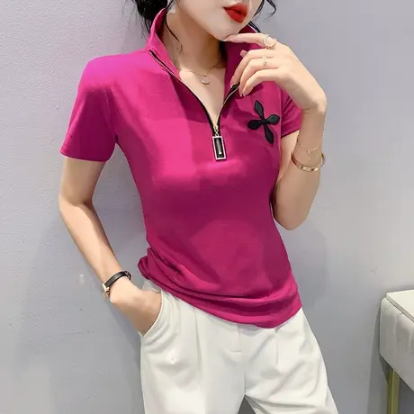 时尚拉链翻领T恤女短袖2023欧货洋气上衣气质修身百搭半袖丅恤ins商品大图